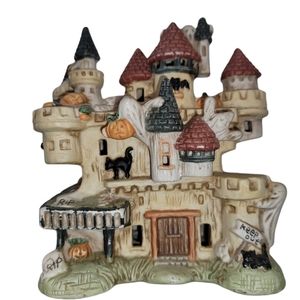 Halloween haunted light up castle ceramic ghosts, pumpkins, black cats, cute